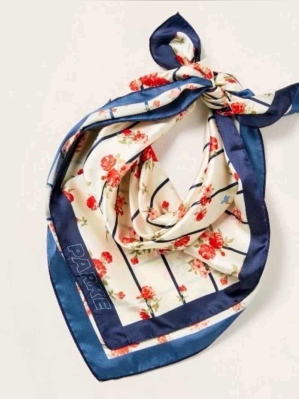 Parke Floral Stripe Silk-Feel Scarf in Navy and Red - Picture 2 of 4